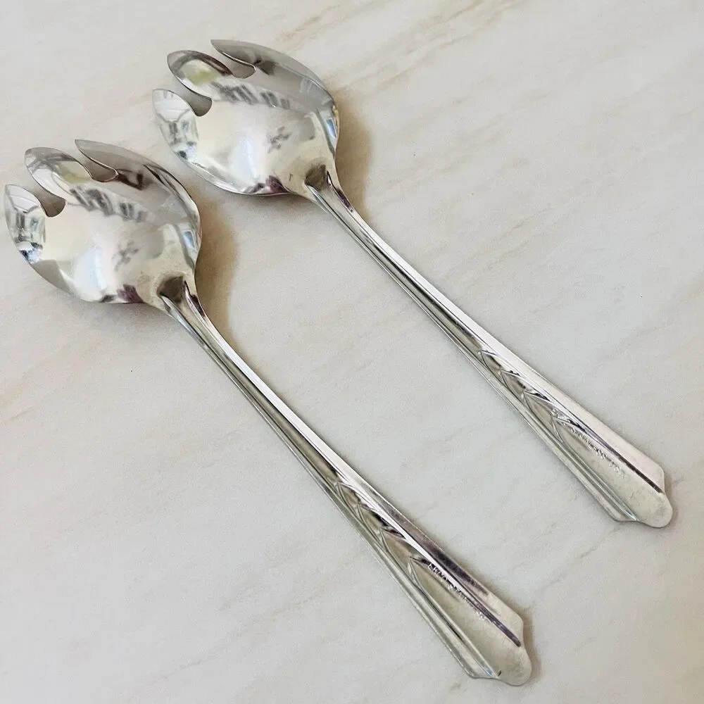 Pair of EKCO EKS7 3TINE Stainless Pierced Tablespoon Serving Spoon Glossy USA